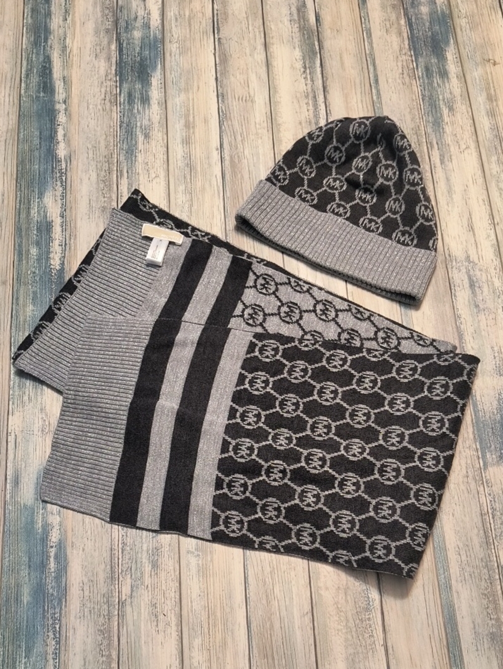 Michael Kors Metallic Jet Set Logo Knit Scarf and Hat Set